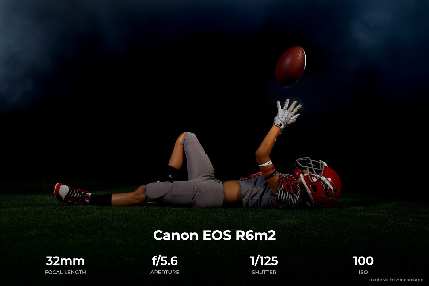 A ShotCard settings card: a youth football player lying on the field tossing the ball, shot on a Canon EOS R6m2 at 32mm, f/5.6, 1/125, ISO 100